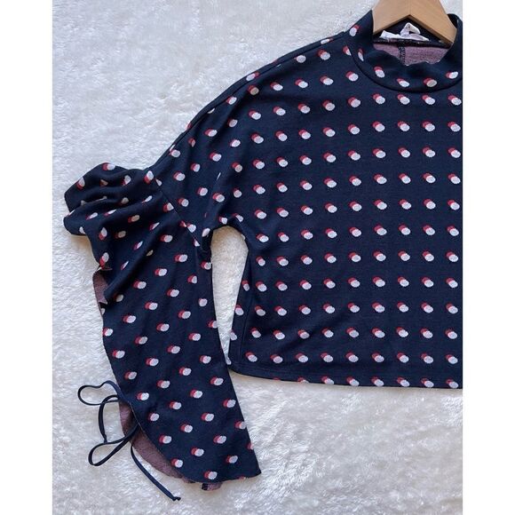 BCBGeneration Blue, Red & White Polka Dot Flutter Sleeves Mock Neck Crop Top - Picture 9 of 16